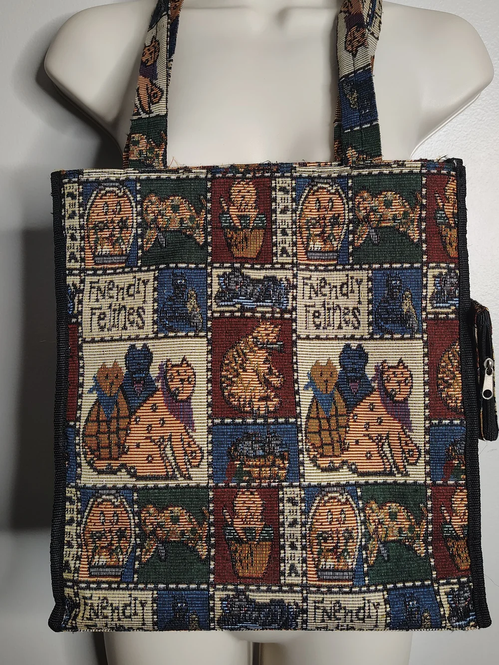 Vintage Tapestry Shoulder Bag Friendly Felines Cat Print Zip Top Straps